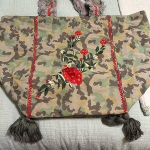 Floral Embroidered Camouflage Tote Bag